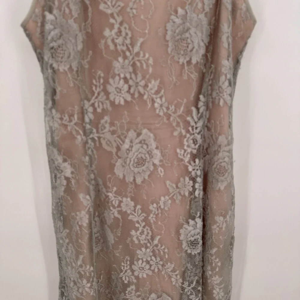 Rickie Freeman Teri Jon Nites‎ Slip Dress Prom Gray Floral Lace Overlay Back Zip